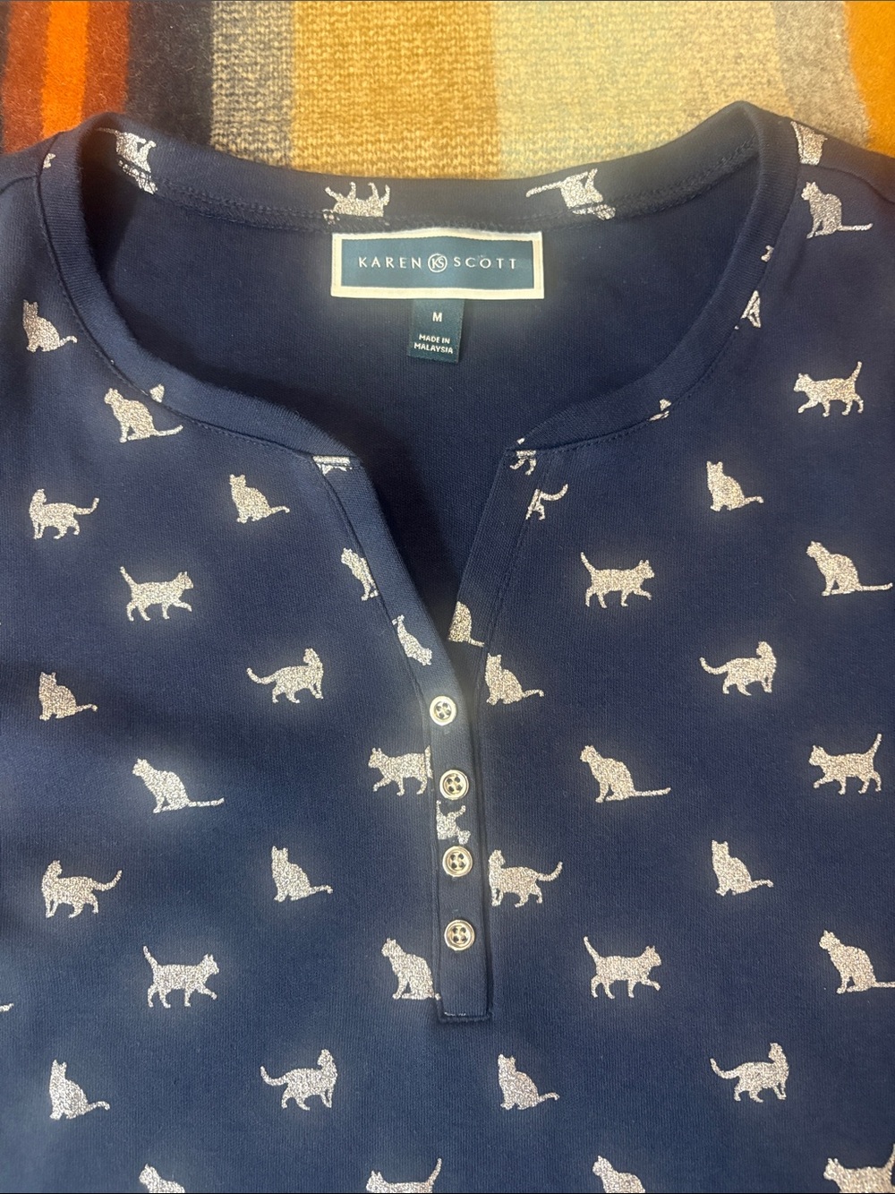 Karen Scott Navy Short Sleeve Henley Top with silver Cat Print